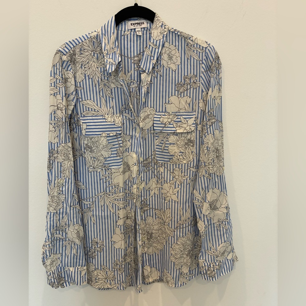 Express Blue and White Floral Striped Shirt